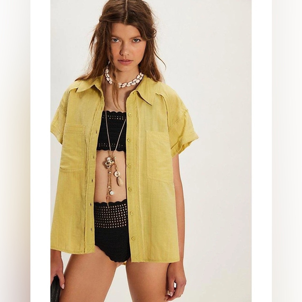 Free People Firefly Linen Button Front Lemongrass Yellow Blouse Top, Medium
